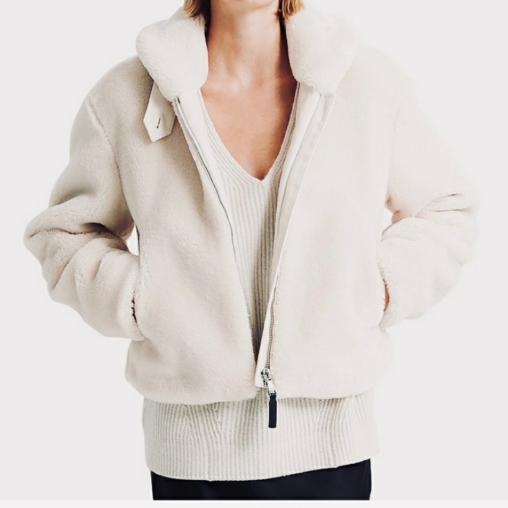 NWT Club Monaco faux fur teddy ivory crop bomber jacket M